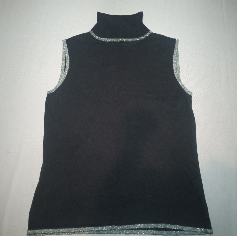 Tres You Black Sleeveless Turtleneck With Silver Metallic Glitter Trim Size S/P